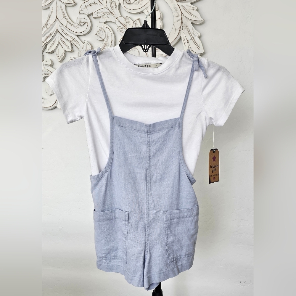 Hippie Girl Linen Blend Blue Overalls/Romper White T-Shirt Girls Sz Medium NWT